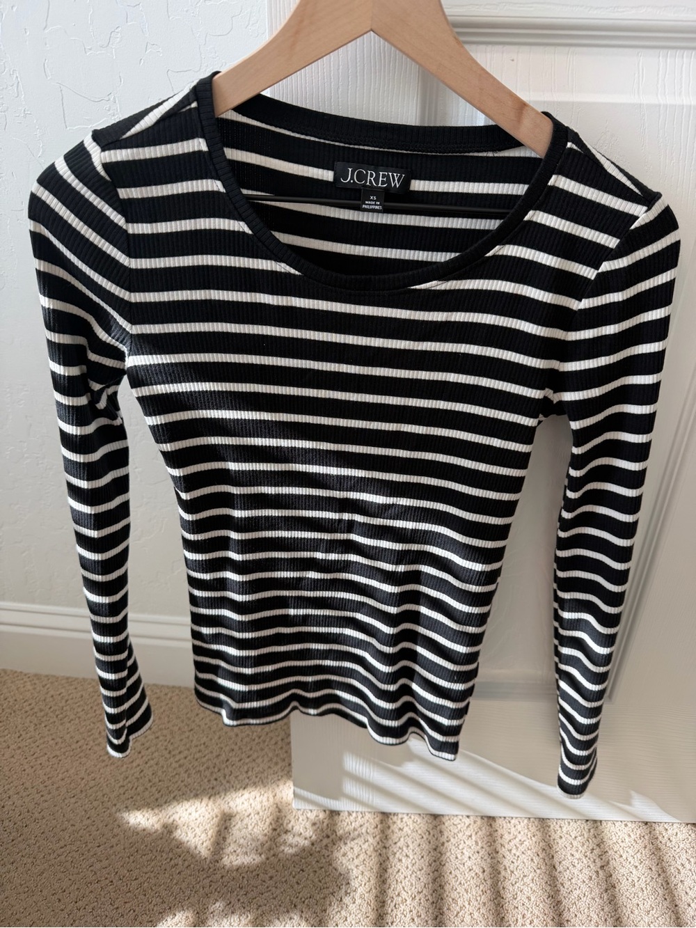 J. Crew Black and White Striped Ribbed Long-Sleeve Top